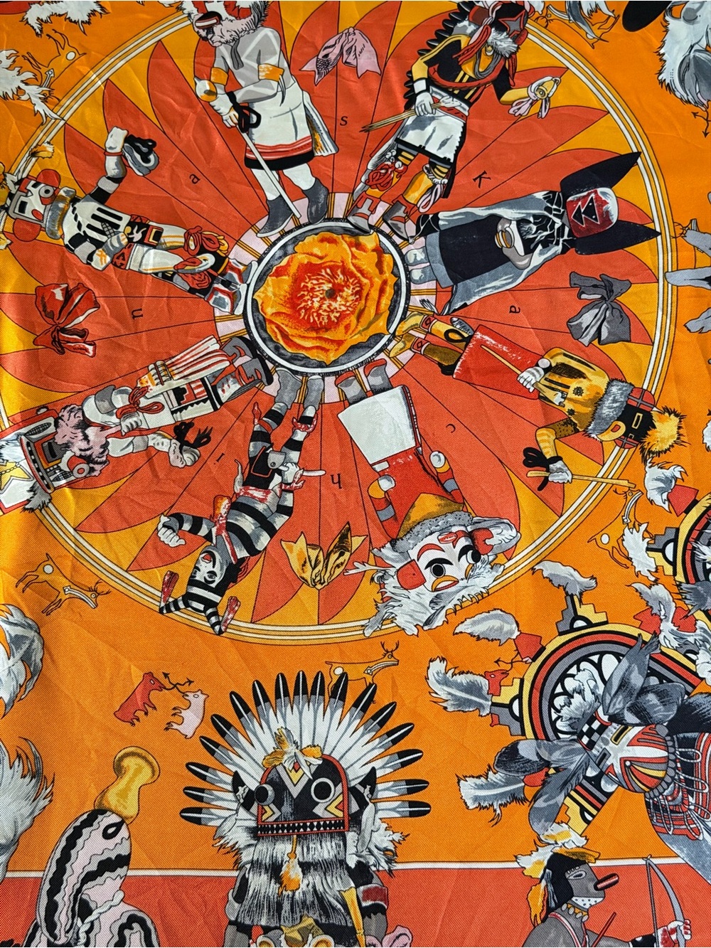 Hermès Orange Kachinas Silk Scarf By Kermit Oliver. - Picture 2 of 15